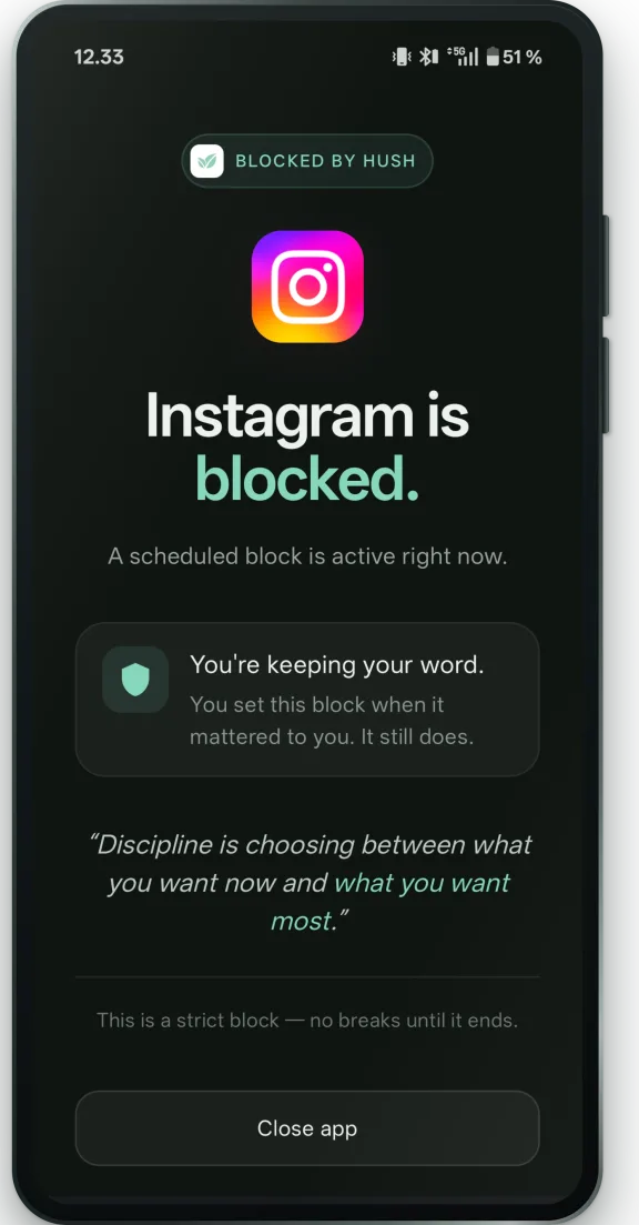 Instagram blokeret af Hush i Strict-tilstand, uden mulighed for at fjerne blokeringen