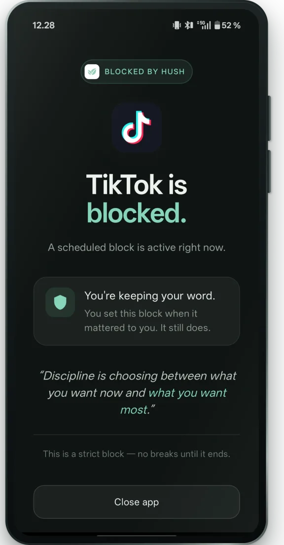 TikTok blokeret af Hush i Strict-tilstand: ingen reklame, ingen timer, intet at trykke på