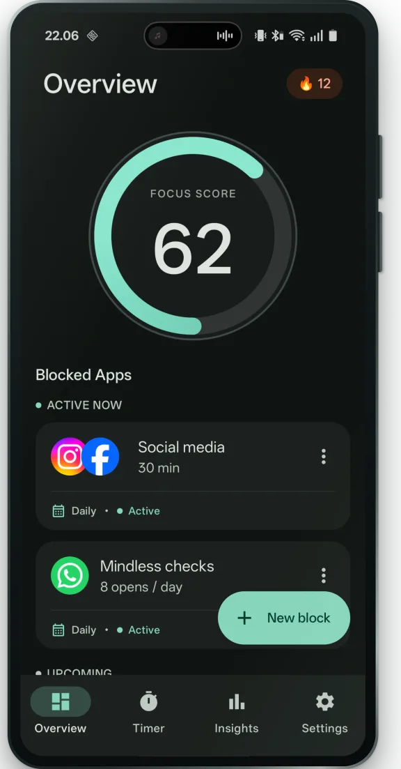 Hush-oversigten med fokusscore og aktive blokeringer